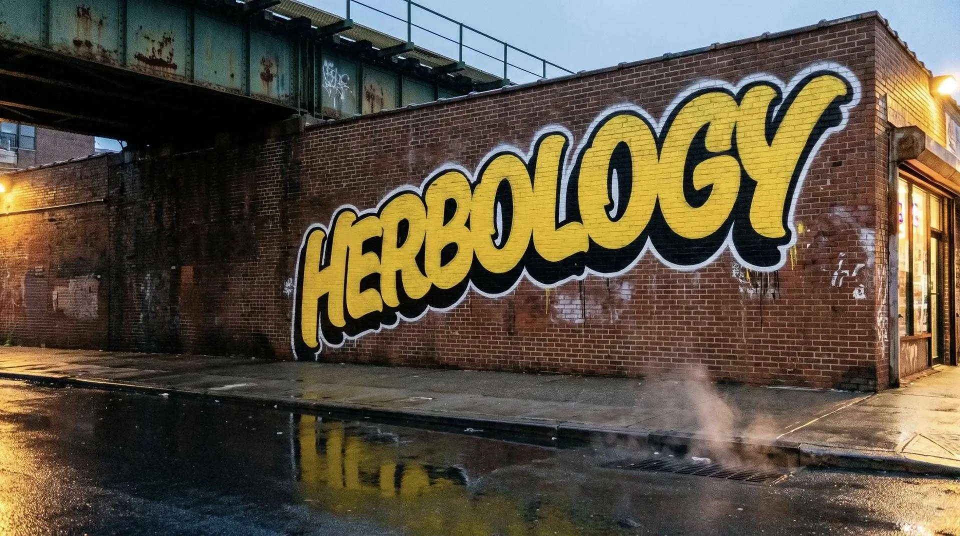 HERBOLOGY graffiti mural on a brick wall under the elevated train in Brooklyn